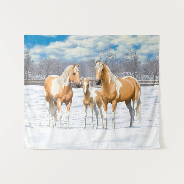 Palomino Paint Horses In Snow Tapestry (Front (Horizontal))