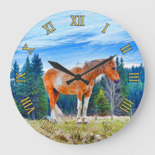 Palomino Pinto in Field and Forest Scene Large Clock