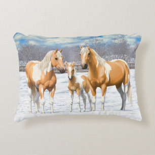 Palomino Pinto Paint Quarter Horses In Snow Decorative Cushion