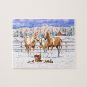 Palomino Pinto Paint Quarter Horses In Snow Jigsaw Puzzle