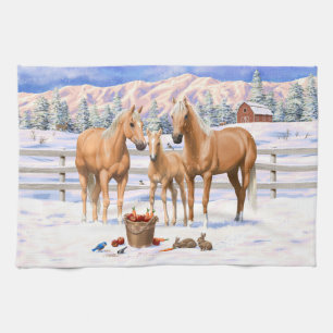 Palomino Quarter Horses In Winter Snow Tea Towel