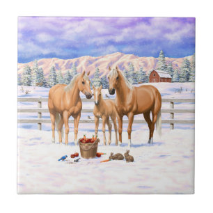 Palomino Quarter Horses In Winter Snow Tile