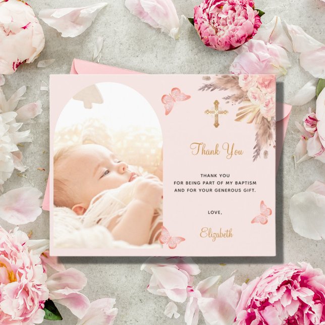 Pampas arch photo budget baptism thank you card (Creator Uploaded)