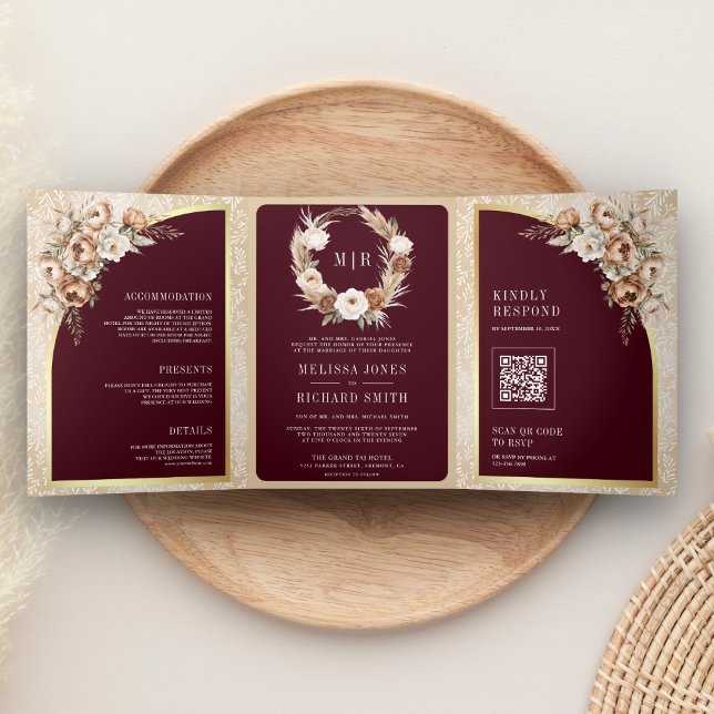 Pampas Beige Earthy Floral Burgundy Wedding Tri-Fold Invitation (Creator Uploaded)