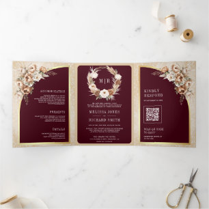 Pampas Beige Earthy Floral Burgundy Wedding Tri-Fold Invitation