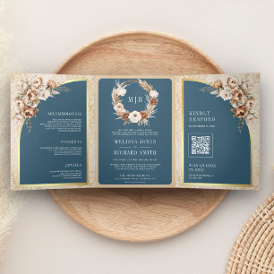 Pampas Beige Earthy Floral Dusty Blue Wedding Tri-Fold Invitation