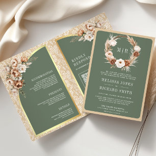Pampas Beige Earthy Floral Sage Green Wedding Invitation