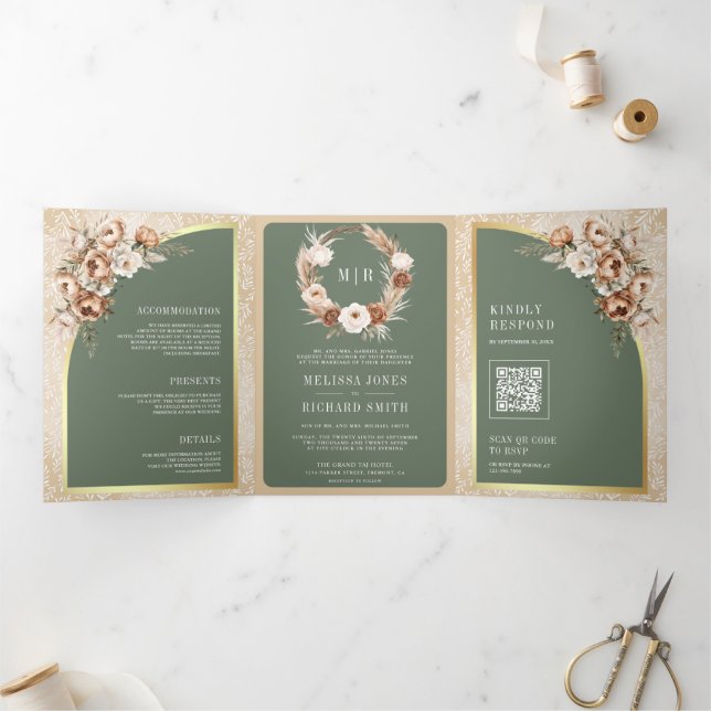 Pampas Beige Earthy Floral Sage Green Wedding Tri-Fold Invitation (Inside)