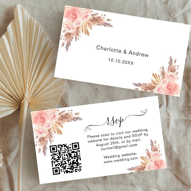 Pampas blush wedding response website QR code RSVP Enclosure Card (Creator Uploaded)