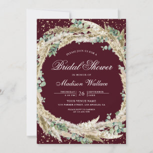 Pampas Eucalyptus Wreath Burgundy Bridal Shower Invitation