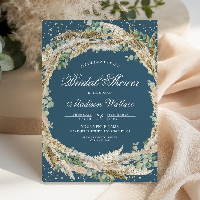 Pampas Eucalyptus Wreath Dusty Blue Bridal Shower Invitation (Creator Uploaded)
