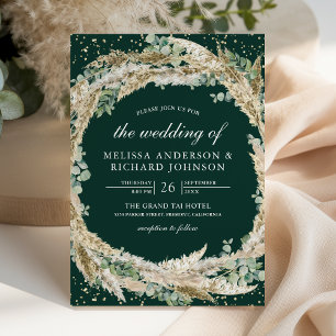 Pampas Eucalyptus Wreath Emerald Green Wedding Invitation