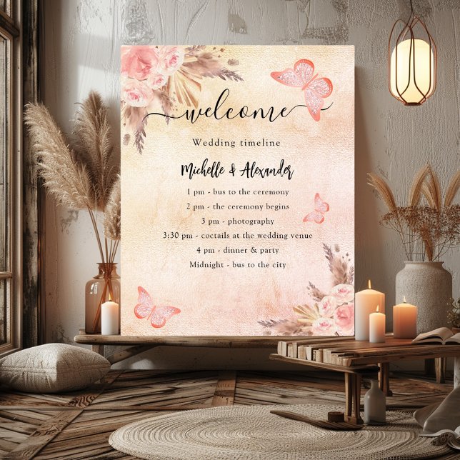 Pampas floral butterfly wedding program timeline poster (Creator Uploaded)
