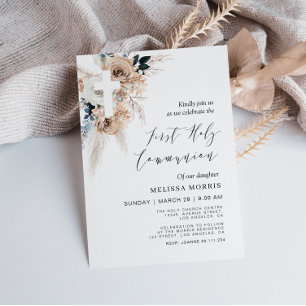 pampas floral cross first holy communion invitation