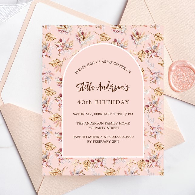 Pampas floral rose boho budget birthday invitation (Creator Uploaded)