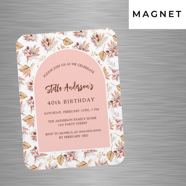 Pampas flower rose gold luxury birthday invitation magnet (Creator Uploaded)