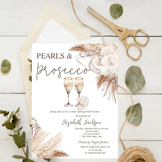Pampas Flowers Pearls Prosecco Bridal Shower   Invitation (Creator Uploaded)