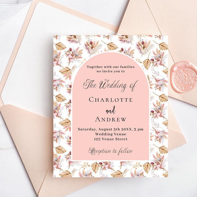 Pampas flowers rose gold budget wedding invitation (Creator Uploaded)