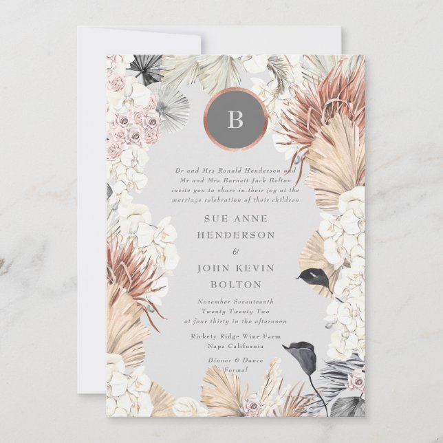Pampas Frame Gold Ultimate Monogram | Grey Wedding Invitation (Front)