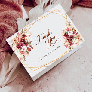 Pampas Gold Geometric Burgundy Floral Wedding Thank You Card