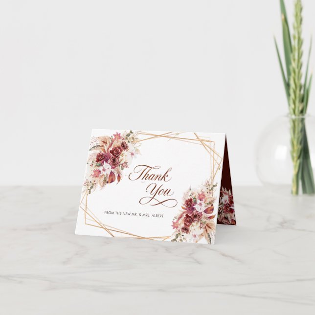 Pampas Gold Geometric Burgundy Floral Wedding Thank You Card (Front)