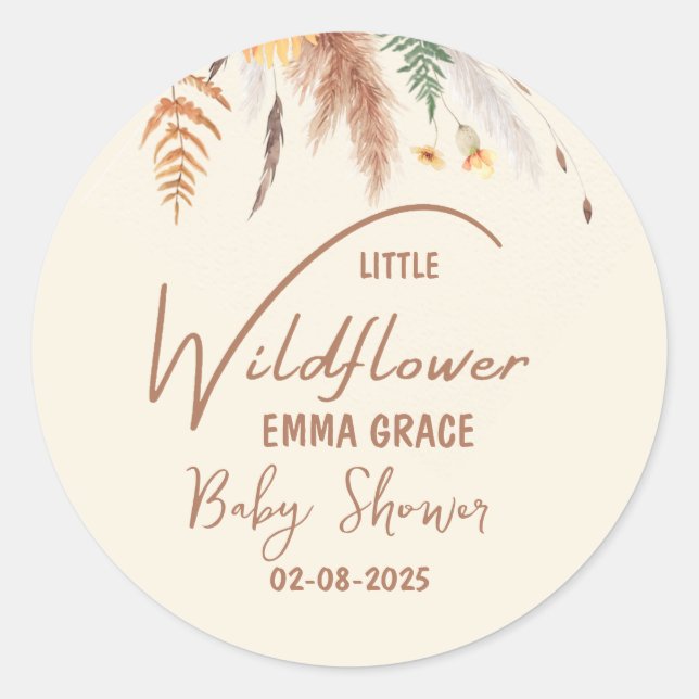 Pampas Grass A Little Wildflower Baby Girl Shower Classic Round Sticker (Front)
