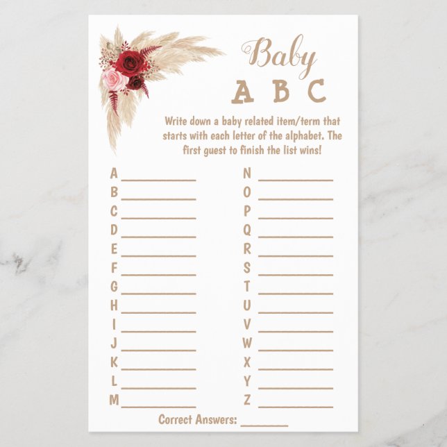 Pampas Grass | ABC Baby Shower Game Card (Front)