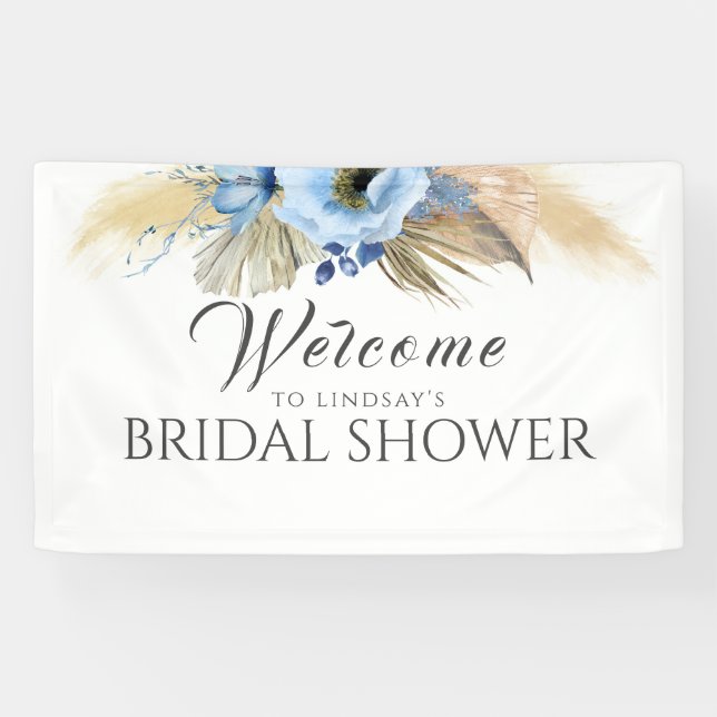 Pampas Grass and Blue Flower Bridal Shower Welcome Banner (Horizontal)