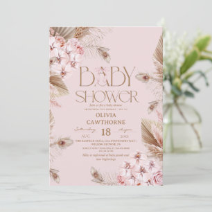 Pampas Grass  and Blush Pink Orchid Baby Shower  Invitation