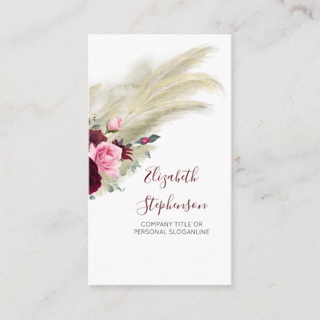 Pampas Grass and Burgundy Flowers Modern Boho Business Card (Front)