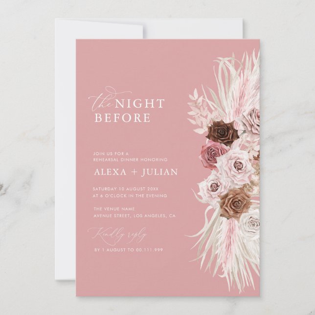 pampas grass and dusty rose rehearsal dinner invitation (Front)