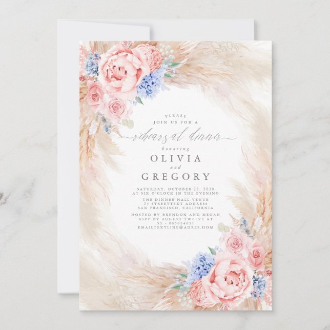 Pampas Grass and Elegant Flowers Rehearsal Dinner Invitation (Front)