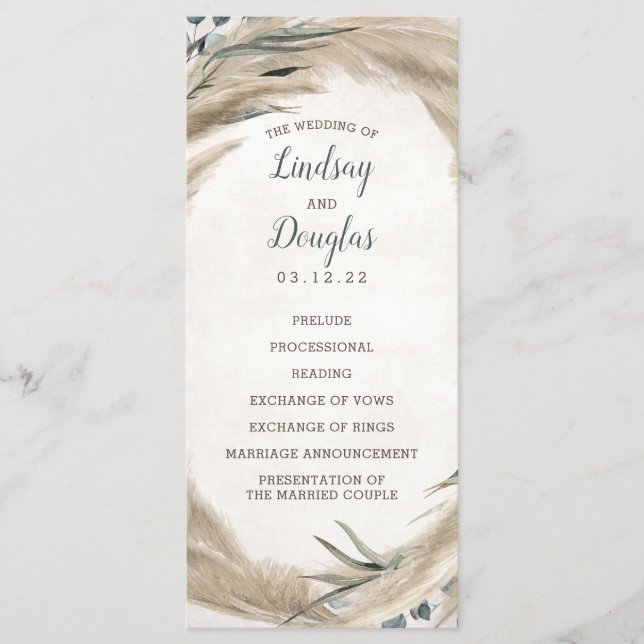 Pampas Grass and Greenery Boho Wedding Programs Programme (Front)