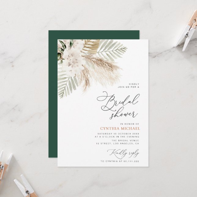  pampas grass and greenery bridal shower invitation (Front/Back In Situ)