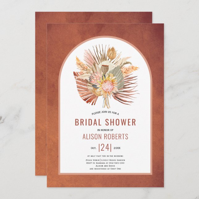 Pampas grass and palm terracotta bridal shower invitation (Front/Back)