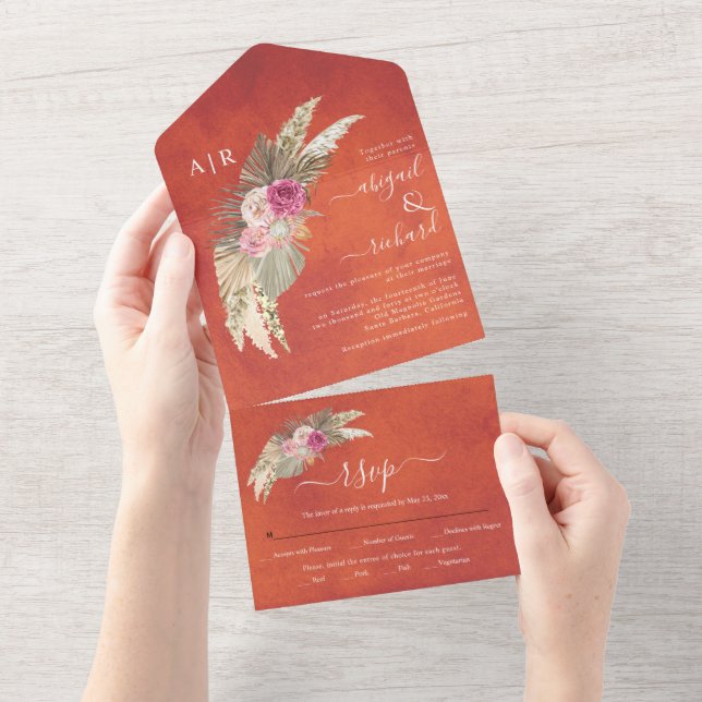 Pampas grass and palms stained rust wedding all in one invitation (Tearaway)