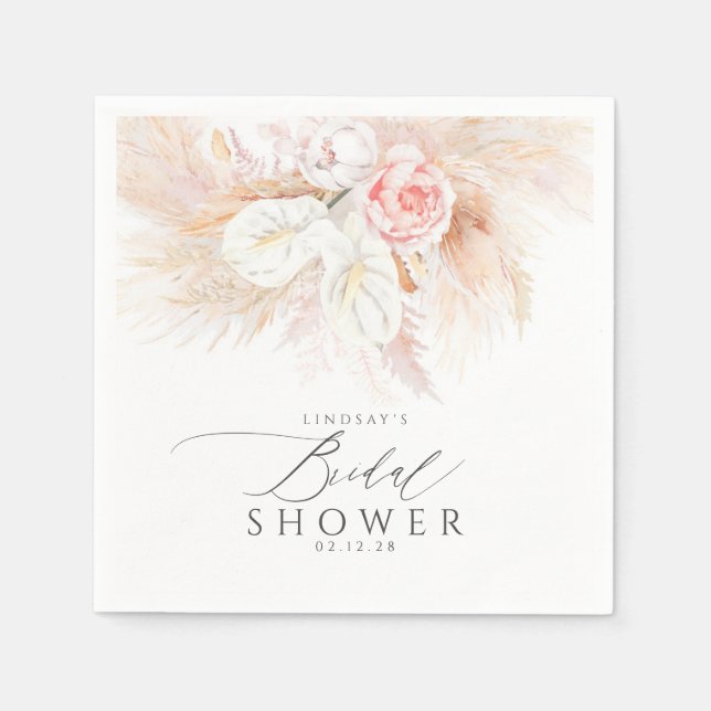 Pampas Grass and Pink Flowers Bridal Shower Napkin (Front)