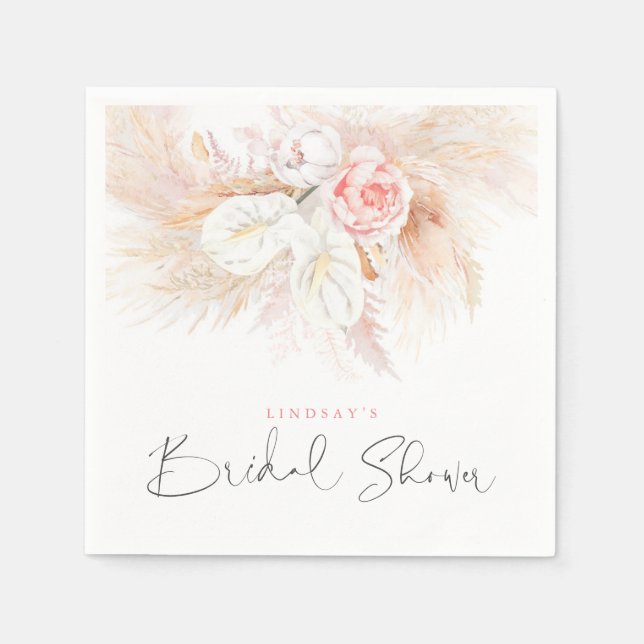 Pampas Grass and Pink Flowers Bridal Shower Napkin (Front)