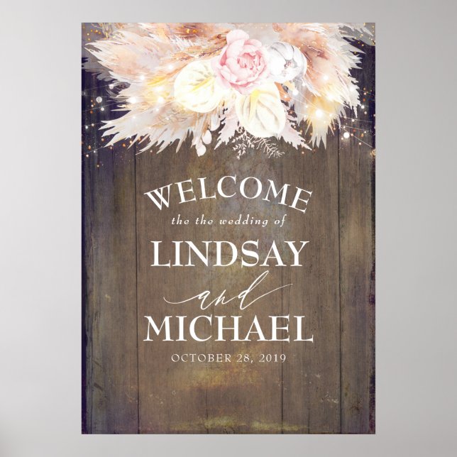 Pampas Grass and Pink Flowers Wedding Welcome Poster (Front)