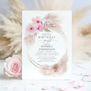Pampas Grass and Pink Orchid Exotic Birthday Party Invitation