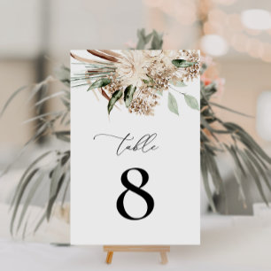 Pampas grass and sage green floral wedding table number