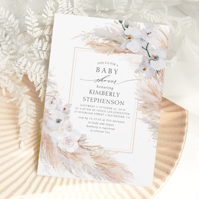 Pampas Grass and White Orchids Exotic Baby Shower Invitation (Creator Uploaded)