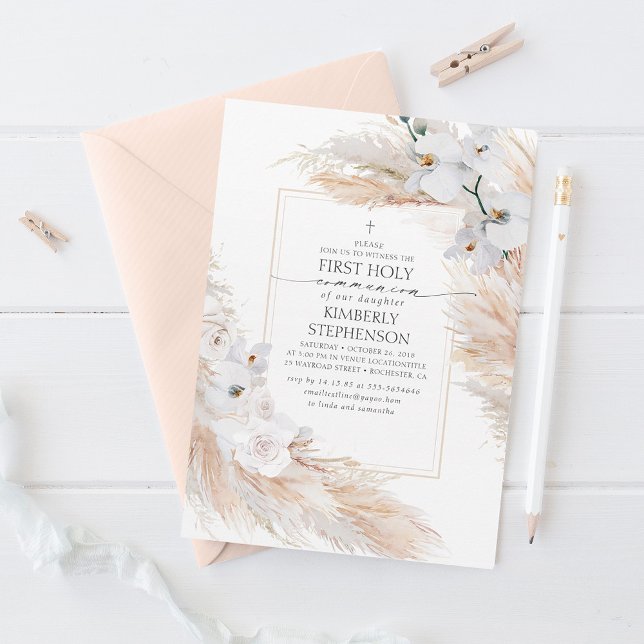 Pampas Grass and White Orchids First Communion Invitation (Creator Uploaded)