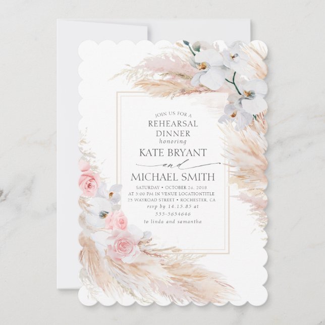 Pampas Grass and White Orchids Rehearsal Dinner Invitation (Front)