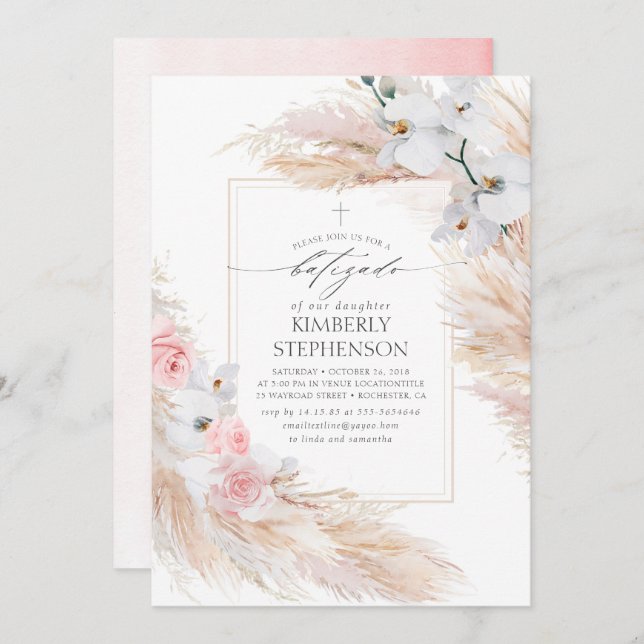 Pampas Grass and White Orchids Tropical Batizado Invitation (Front/Back)