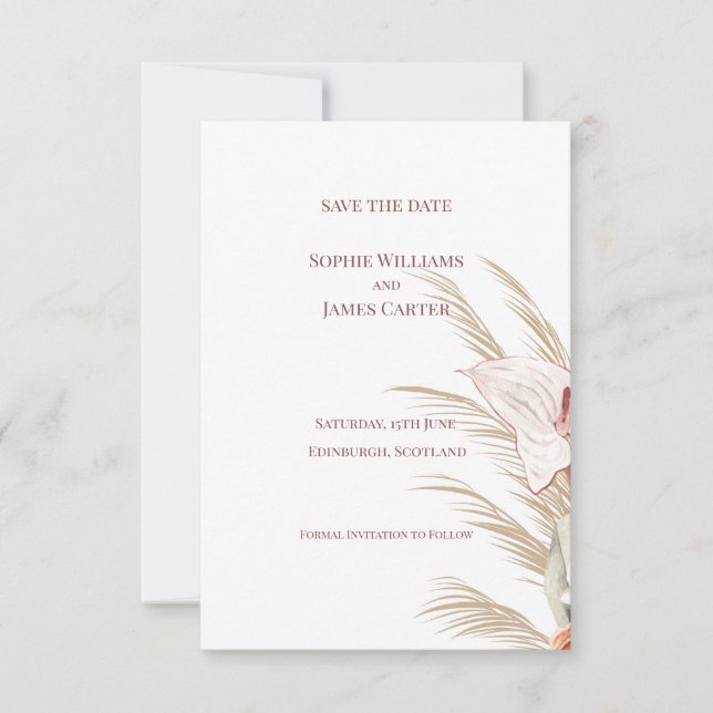 Pampas Grass Anthurium Boho Tropical Wedding Save The Date (Front)