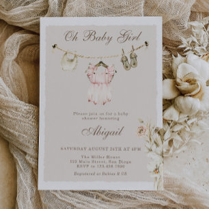 Pampas Grass Baby Girl Clothesline Baby Shower Invitation