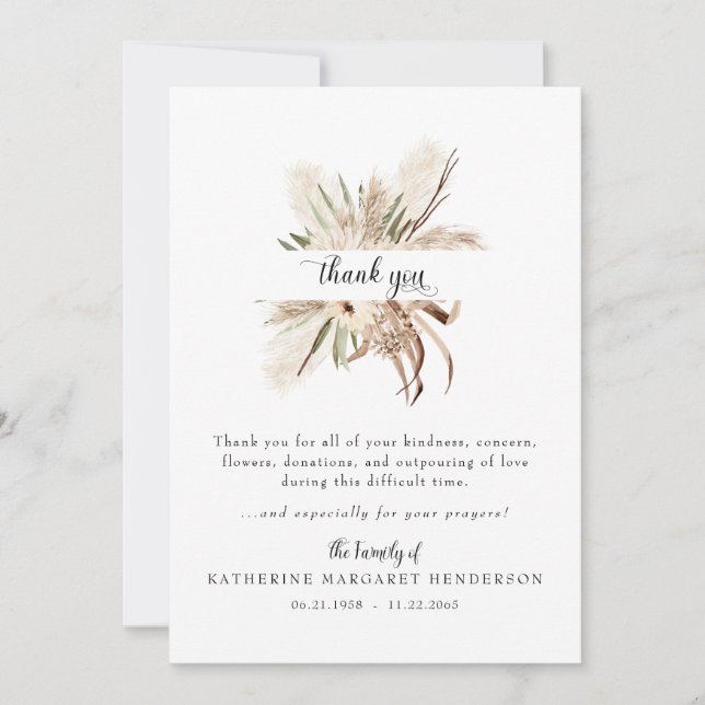 Pampas Grass Bereavement Funeral Thank You Card (Front)
