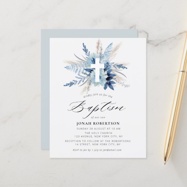 pampas grass blue floral cross baptism invitation (Front/Back In Situ)