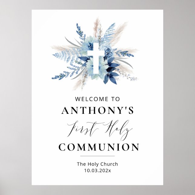 pampas grass blue floral first communion sign (Front)
